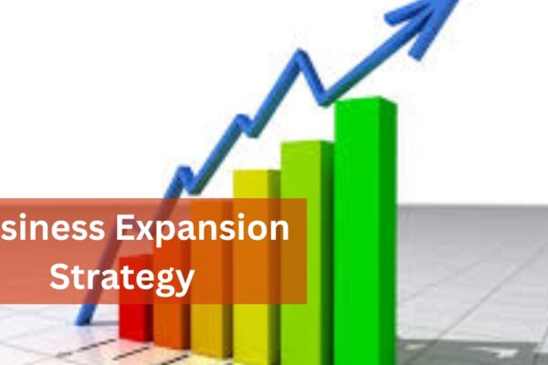 A bar chart with increasing green bars and an upward blue arrow, symbolizing business growth. The text "Business Expansion Strategy" is overlaid in a bold white font on an orange semi-transparent background