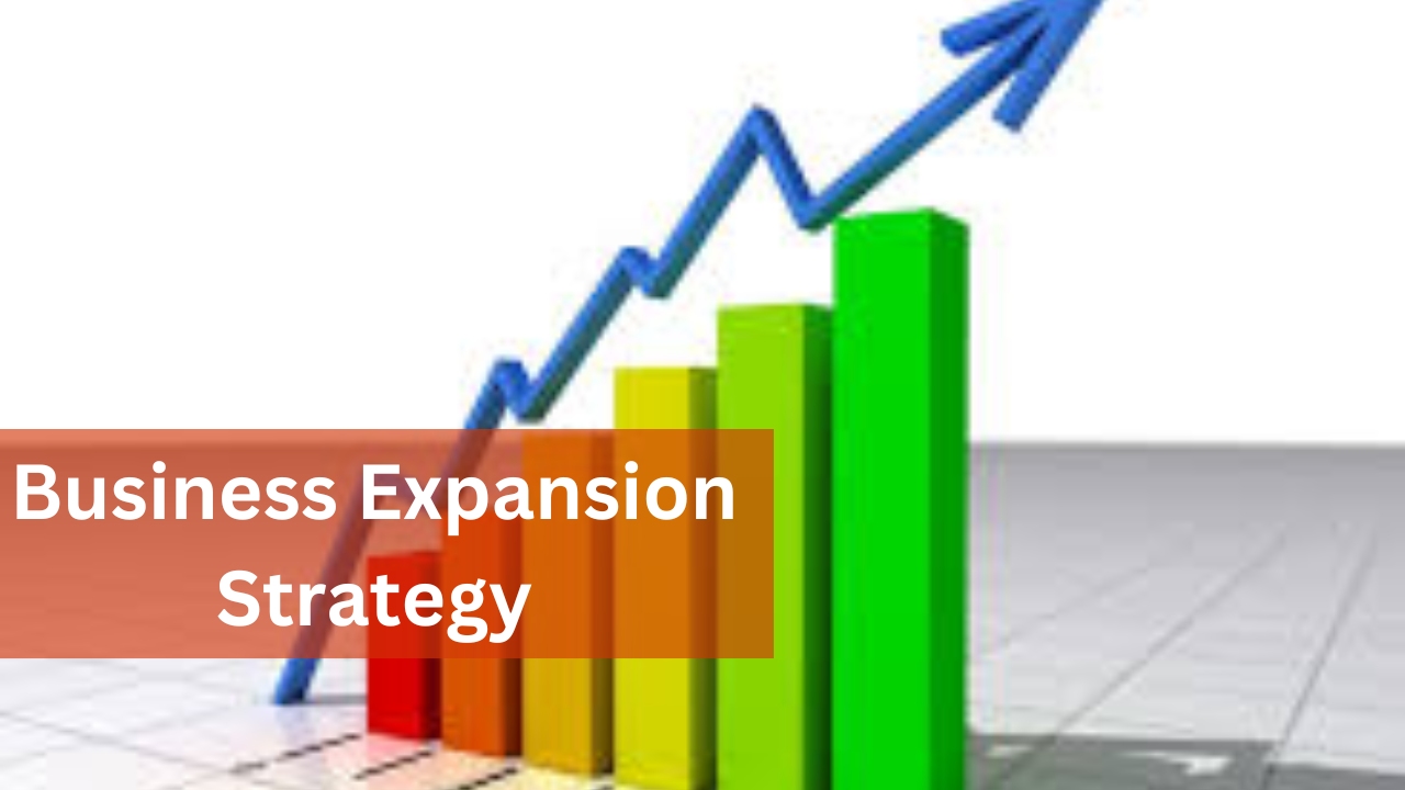 A bar chart with increasing green bars and an upward blue arrow, symbolizing business growth. The text "Business Expansion Strategy" is overlaid in a bold white font on an orange semi-transparent background