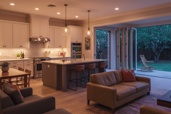 Why Open-Concept Kitchens Are Dominating Austin Renovations Stylish open-concept kitchen in Austin home with island, living space, and outdoor access