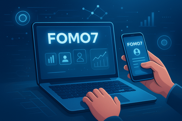 A person uses both a laptop and smartphone simultaneously, interacting with a futuristic digital dashboard featuring glowing blue and silver icons, blockchain connections, and data graphs in the background, symbolizing Fomo7 setup and usage.