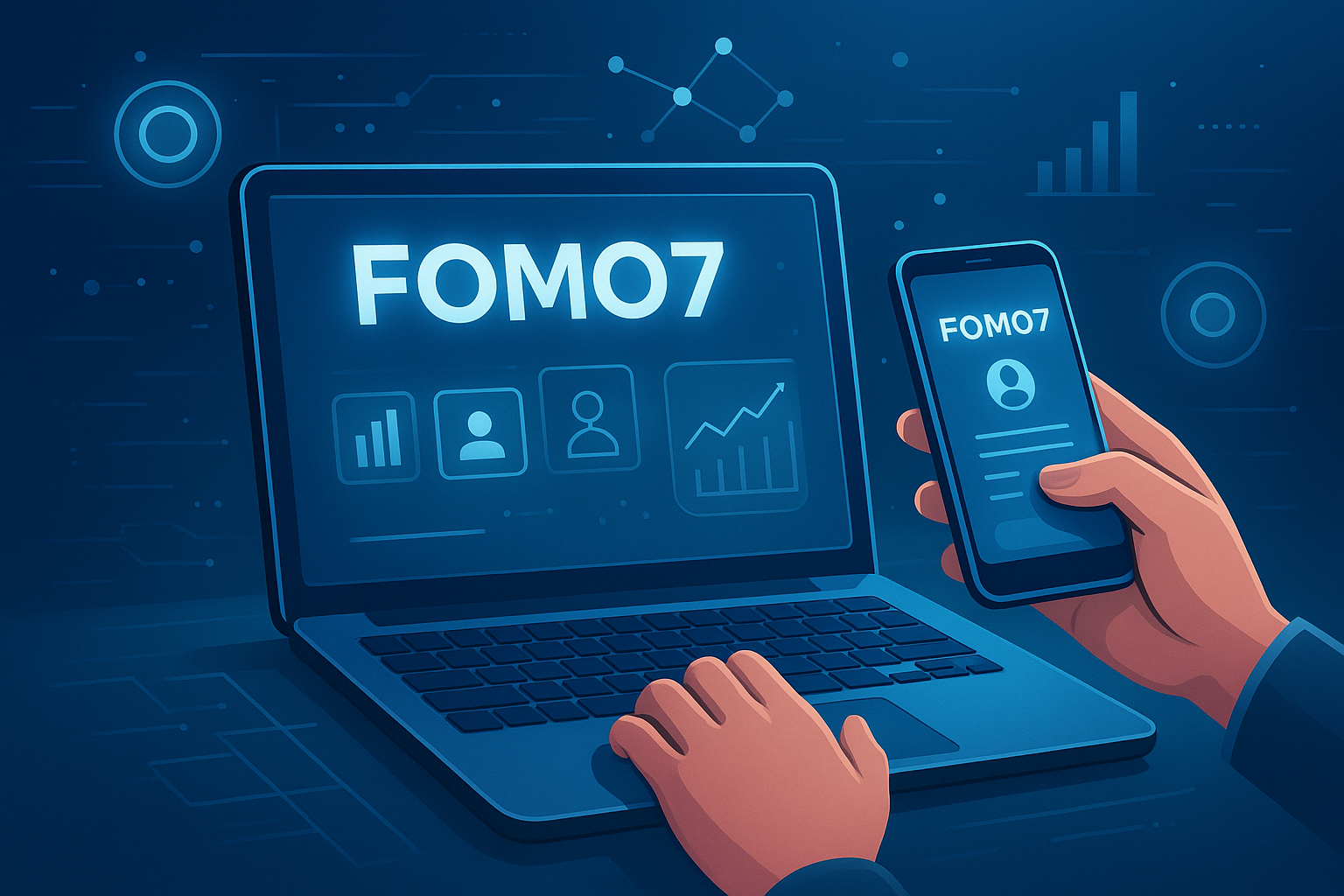 A person uses both a laptop and smartphone simultaneously, interacting with a futuristic digital dashboard featuring glowing blue and silver icons, blockchain connections, and data graphs in the background, symbolizing Fomo7 setup and usage.